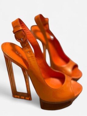 Casadei Orange Plexiglass Slingback Peep-Toe Platform Heels